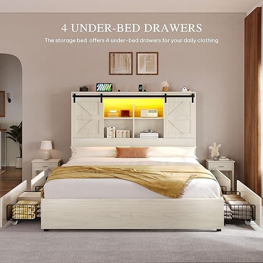 DWVO Farmhouse Queen Size Bed Frame with Storage Bookcase Headboard, Sliding Barn Door, 4 Storage Drawers, RGB LED Bed Frame with USB Charging Station, No Box Spring Needed, Antique White
