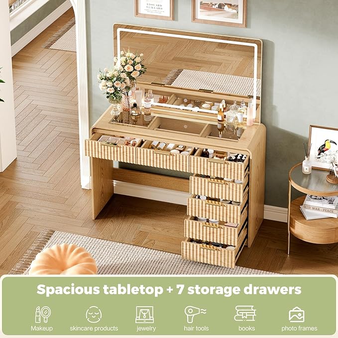 47“Makeup Vanity Desk with 44.8" Mirror and Lights, Vanity Desk with 7 Drawers, Makeup vanity table with a glass tabletop, 3 Color Modes & Adjustable Brightness Dressing Table, Bedroom,Oak515