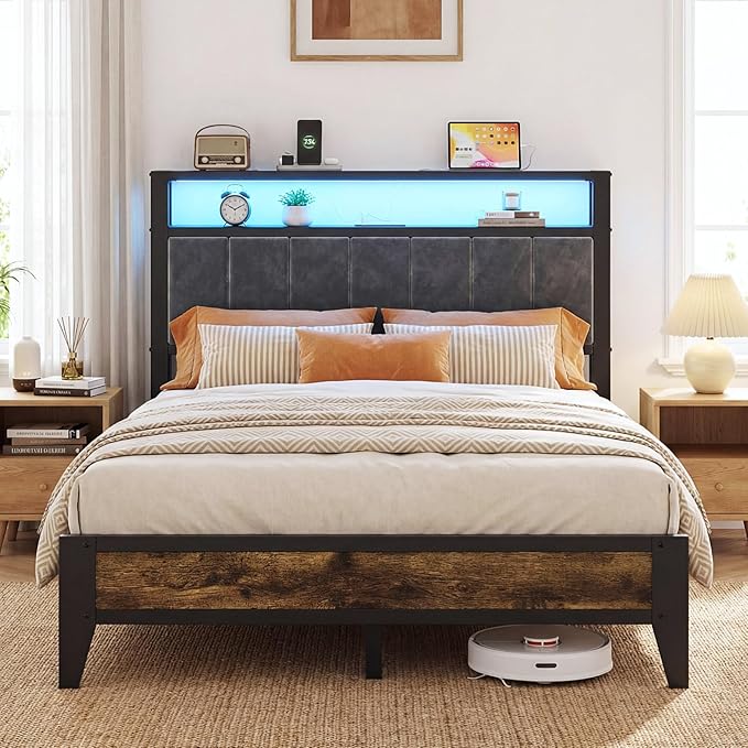 OLEVS Full Bed Frame with Headboard, Metal Platform Bed Full Size with 2-Tier Storage, LED Light & Charging Station Type C, No Box Spring Needed