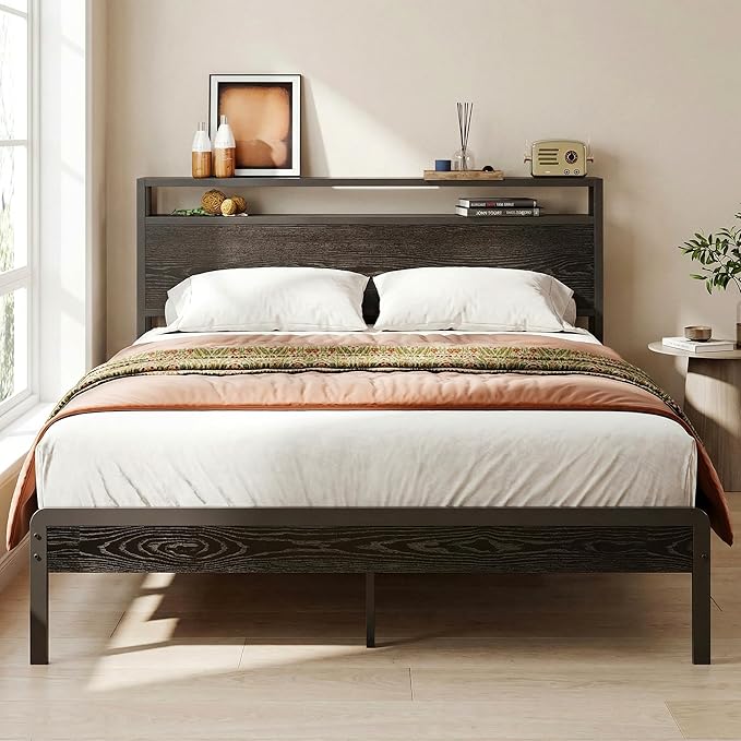 LIKIMIO Full Bed Frame with Headboard, Dark Wood Camas Full with Strong Supports, Sturdy, Noise-Free, No Box Spring Needed, Black