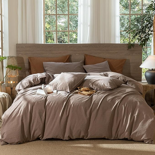 MooMee Wavy Striped Duvet Cover Set 100% Washed Cotton Linen Like Textured Breathable Durable Soft Comfy (Brown, Super King 108"x98")