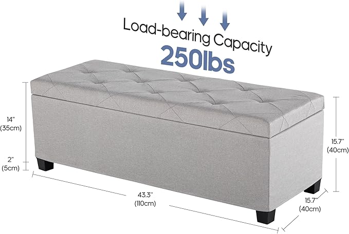 DUMOS Upholstered Storage Bench, End of Bed Ottoman, Extra Large 46.5 Gal (176L) Internal Volume, Foot Stool for Bedroom, Living Room, Sturdy Storage Chest, Light Grey, 43.3" L x 15.7" W x 15.7" H