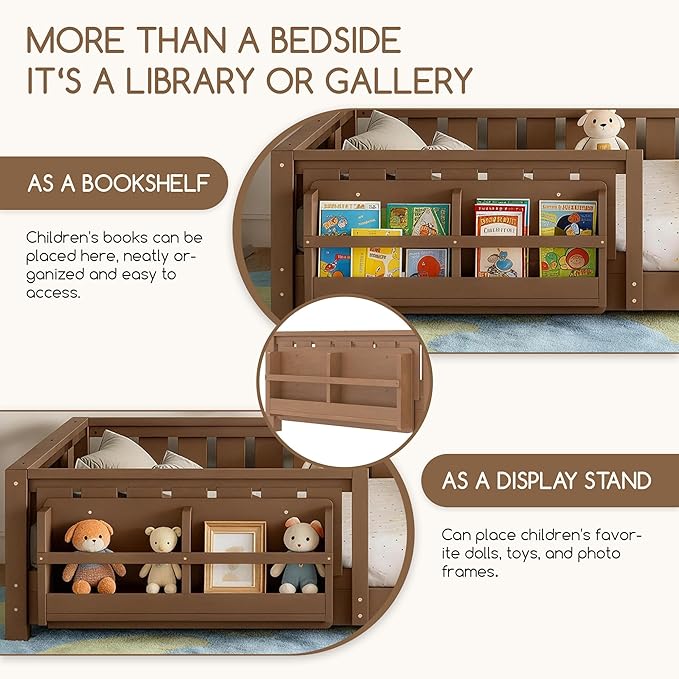 Bellemave Twin Floor Bed Frame with Fence & Bookshelf, Solid Pine Wood Twin Montessori Floor Bed with Slats Load 300LBS, Low Profile Floor Bed for Kids, Bedroom, Nursery, Easy Assembly, Oak Brown