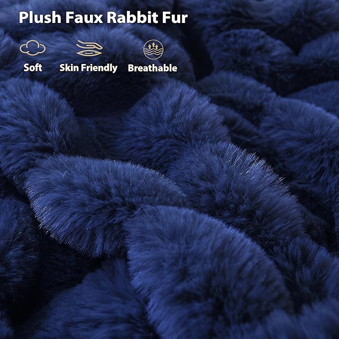 LIFEREVO Fluffy Faux Rabbit Fur Body Pillow Cover, Luxury Bubble Waffle Shaggy Plush Bed Pillowcase with Zipper Closure, Royal Long 20"x54" Fuzzy Furry Pillow Case for Adults Kids Girls, Navy Blue