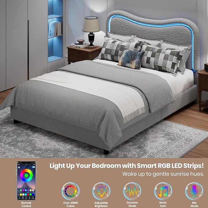 GarveeHome LED Full Size Bed Frame with 2 Drawers and Headboard, Cute Upholstered Bed with Storage, Sturdy Platform Bed, No Box Spring Needed, Wooden Slats, Noise Free, Grey
