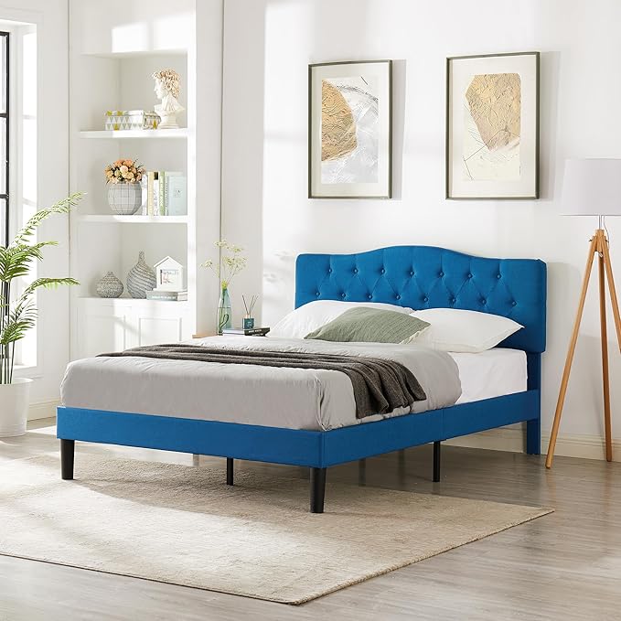 VECELO Full Size Bed Frame Upholstered Platform with Tufted Adjustable Headboard/Mattress Foundation Wood Slat Support/Easy Assembly,Grey