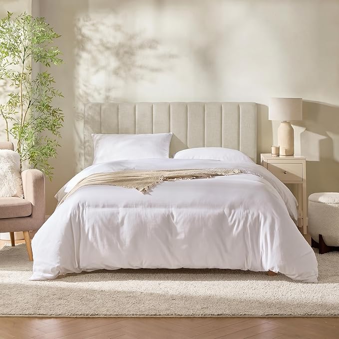 Hearth & Harbor Upholstered Twin Headboard - Easy Assemble Channel Stitched Headboard Twin Size - Wall Mounted Headboards with 3D Soundproof Wall Panels Peel & Stick Floating Headboards, Linen
