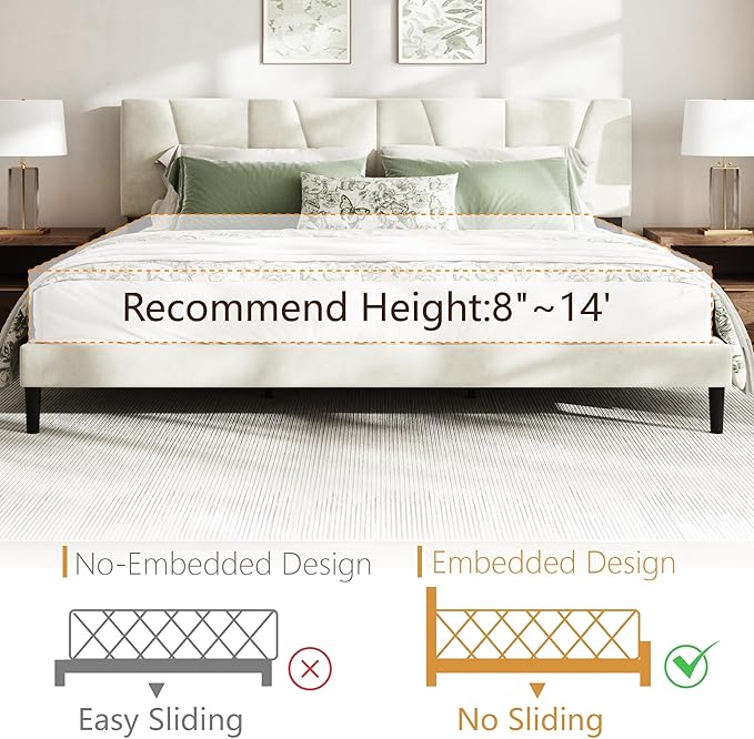 Queen Size Bed Frame with Linen Upholstered Platform Bed Frame, Wooden Slats Support, Noise-Free Mattress Foundation, No Box Spring Needed, Easy Assembly, Beige
