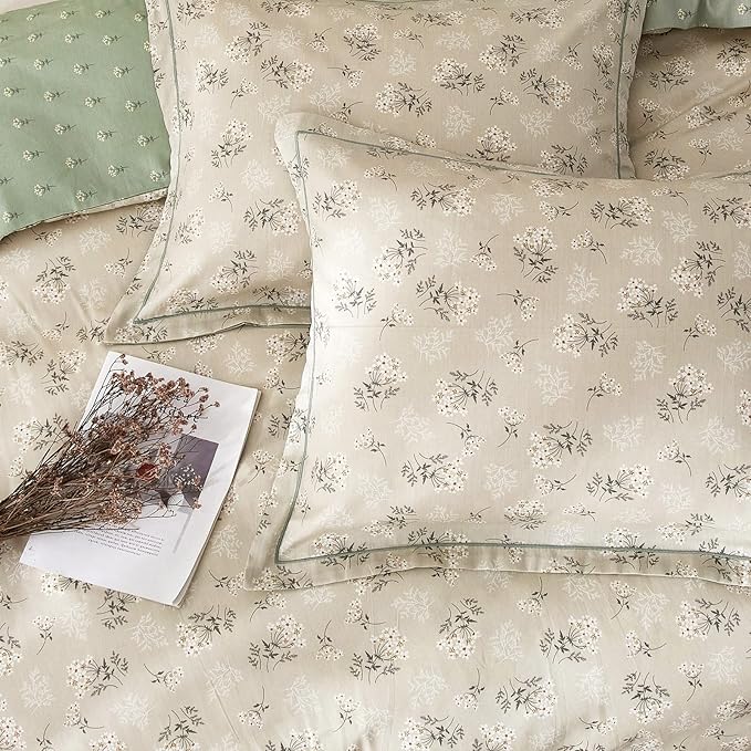 mixinni Duvet Cover Set Floral Queen Size 100% Cotton Bedding Flower Green Leaves on Beige Comforter Cover Set (1 Duvet Cover+ 2 Pillowcases) for Her and Him-Easy Care, Soft and Durable Queen Size