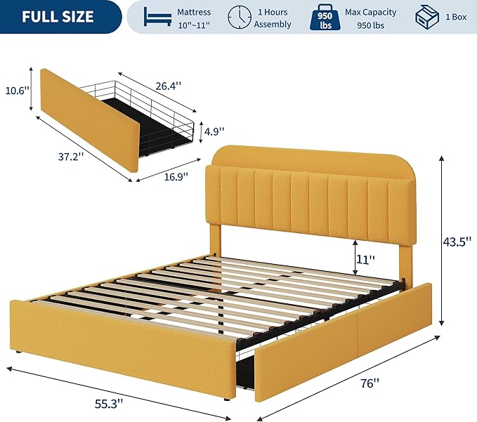 IDEALHOUSE Full Bed Frame with 2 Flexible Drawers and Bookcase Headboard, Boucle Upholstered Platform Bed for Boys, Noise-Free, Easy Assembly, No Box Spring Needed, Yellow
