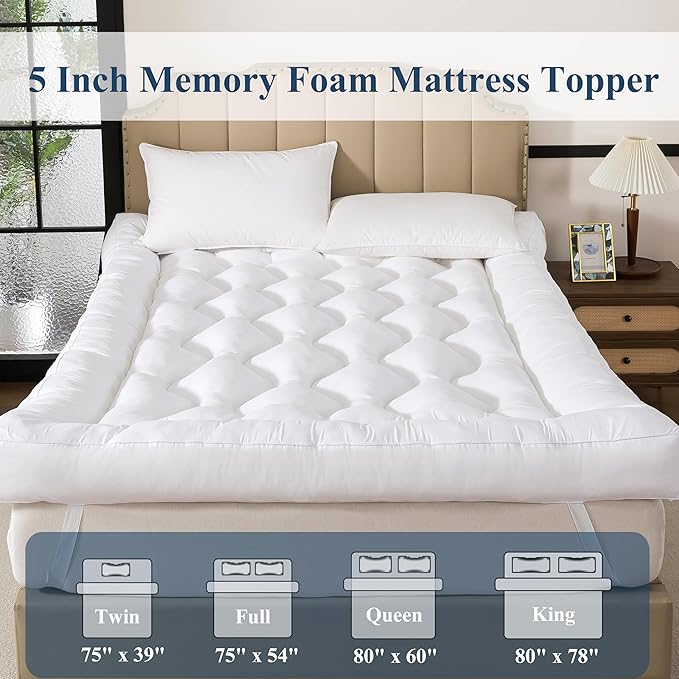 ELNIDO QUEEN® 5 Inch Memory Foam Mattress Topper Full Size, Breathable Gel Memory Foam Bed Topper, 2000 GSM Fill, Soft Fluffy Supportive Pillow Top Mattress Pad for Back Pain Relief, 75x54x5 Inch