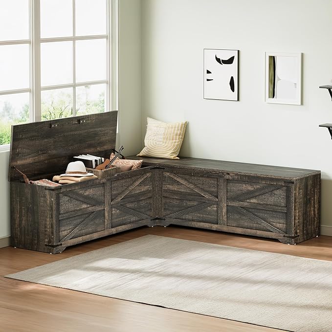 DWVO L-Shaped Storage Bench, 18" High Corner Dining Bench with Safety Hinges, Wooden Nook Chest for Living Room, Bedroom