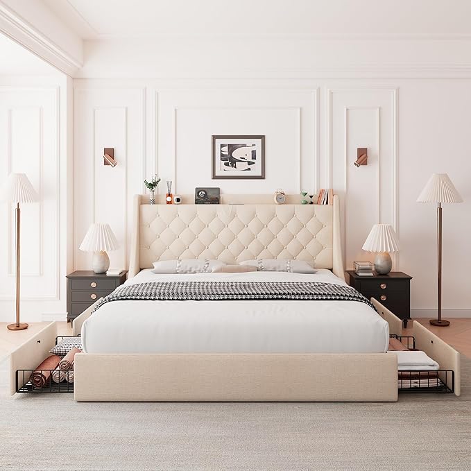 Feonase King Size Bed Frame with 4 Storage Drawers, Upholstered Storage Bed with Charging Station, Tufted Wingback Headboard, No Box Spring Needed, Beige