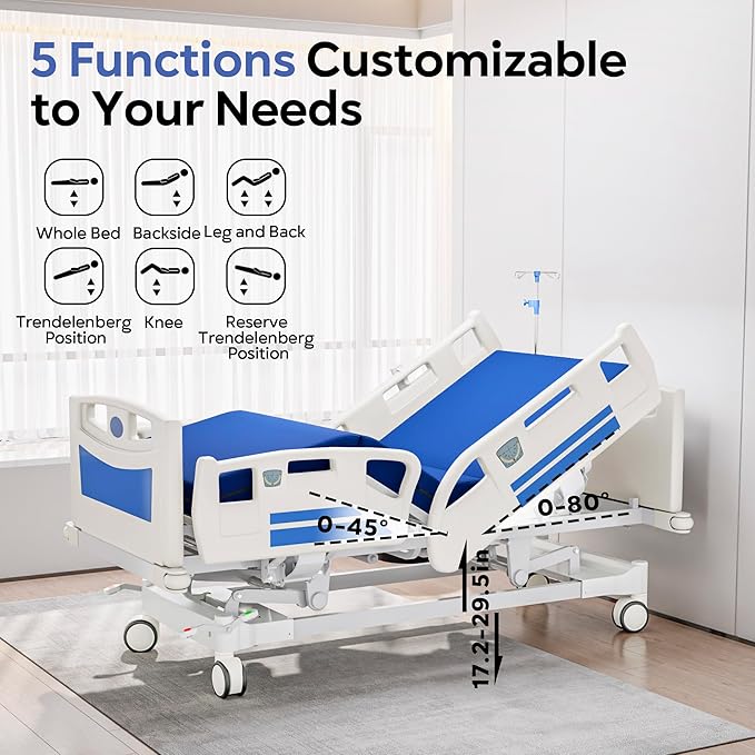 Premium Full Electric Hospital Bed for Home Use, 5 Function Medical Bed with 4.7” Foam Mattress, Height Adjustable, Central Locking System, Includes Sheets (2X) (5 Function Pro)