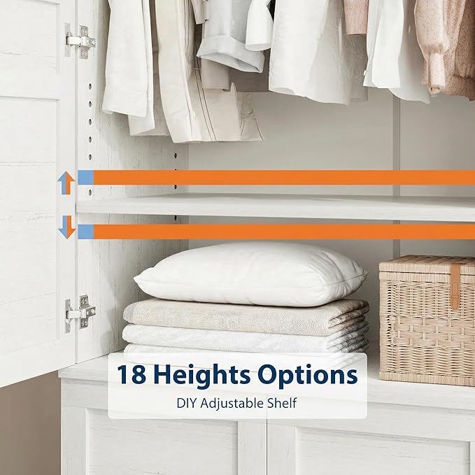 IDEALHOUSE Armoire Wardrobe Closet with 4 Doors, 72" Tall Wooden Clothing Wardrobe with Hanging Rod & DIY Adjustable Shelf, Heavy Duty Bedroom Armoire Storage Cabinet, Rustic White