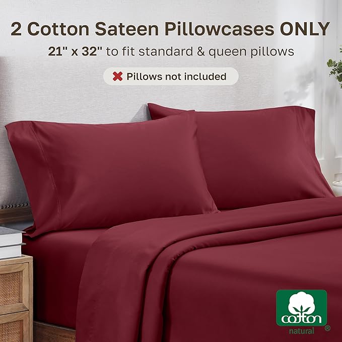California Design Den Natural 100% Cotton Pillow Cases Queen Size Set of 2 - Luxuriously Soft and Thick 800 Thread Count, Smooth Sateen Standard/Queen Pillow Cases, Durable - Red Wine