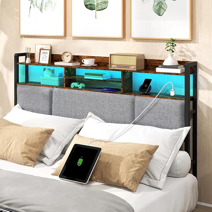 Livofloral Upholstered Queen Size Headboard with 2 Power Outlets & LED Light, Head Board with Storage Shelves for Bed, Queen Headboard Only, Height Adjustable, Sturdy & Stable, Brown