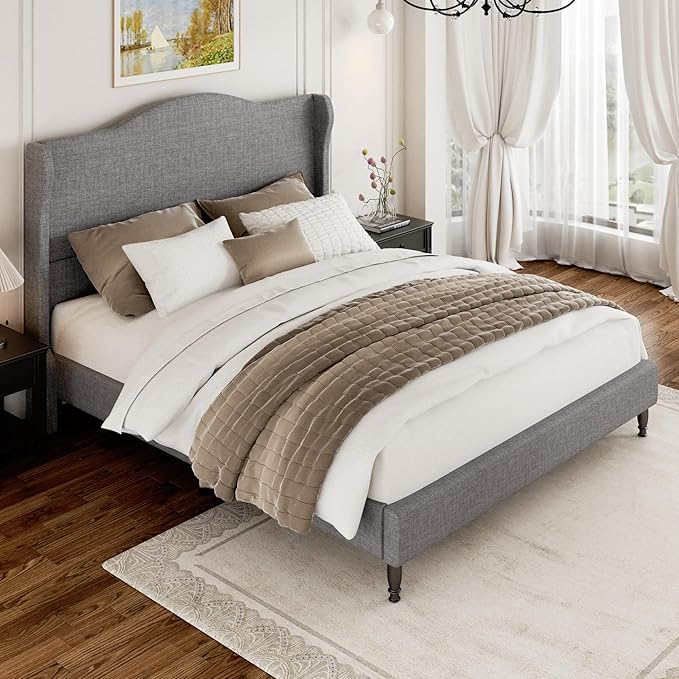 Queen Size Bed Frame with 50.4" Tall Wingback Headboard, Upholstered Platform Bed Frame with Arched Tufted Design, No Box Spring Needed, 1000lbs Heavy Duty Support, Easy Assembly, Light Grey