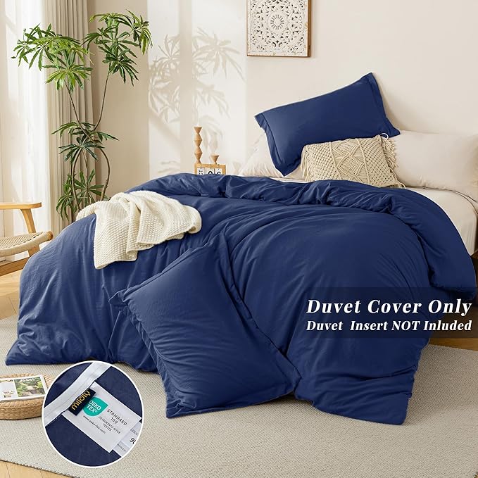 MILDLY Super Soft Duvet Cover - 100% Washed Microfiber Navy Blue Comforter Cover Set 3 Pieces with Zipper Closure & Corner Ties (No Comforter)