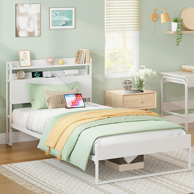 Elephance Twin Bed Frames with Charging Station and Storage Headboard, No Box Spring Needed, Noise Free, Easy Assembly