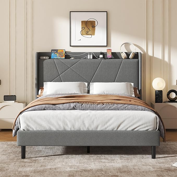 Full Size Linen Bed Frame, Storage Headboard with Charging Station, Upholstered Platform Bed with Wooden Slats Support, Solid and Stable, Noise Free, No Box Spring Needed, Easy Assembly, Gray