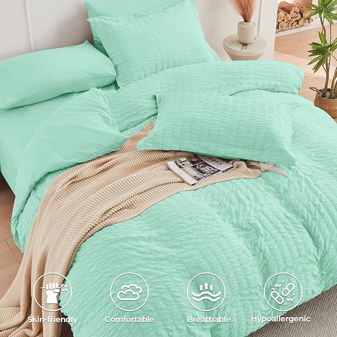 HYMOKEGE Mint Green Queen Comforter Set Seersucker 7 Pieces, All Season Luxury Bed in a Bag Queen for Bedroom, Bedding Set with Comforter, Sheets, Pillowcases & Shams