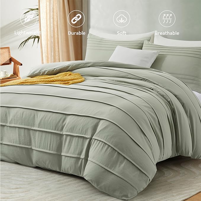 Oli Anderson Mist Sage Duvet Cover Queen Size - Pleated Queen Duvet Cover, 3PCS Soft and Breathable Textured Bedding Set with Zipper Closure(Mist Sage,90"x90")