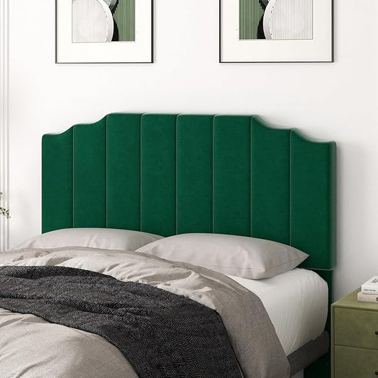 Befurtori Queen Size Headboard Only, Velvet Wall Mounted Headboard Queen/Full Size for Adjustable Bed, Modern Vertical Channel Design with Curved Tufted Upholstered Head Board, Jade Green
