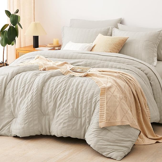 CozyLux Full Size Comforter Sets with Sheets 7 Pieces, Oatmeal Seersucker Bed in a Bag Textured Luxury Soft Bedding Sets with Down Alternative Comforter, Sheets, Pillowcases & Shams for All Season