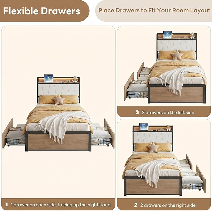 LIKIMIO Twin XL Bed Frame, DIY Storage Drawer Layout, Charging Station & LED Lights, Boucle Upholstered Platform XL Twin Bed Frame for Teen Rooms, Small Apartments & Bedrooms, Wood and Cream