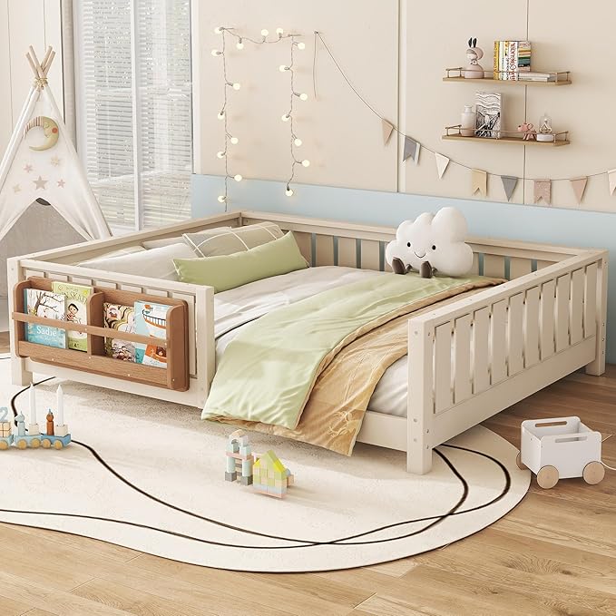Bellemave Full Size Kids Montessori Bed with Bookshelf,Solid Wood Full Floor Bed Frame with Fence and Slats for Girls Boys,Low-Profile,Beige