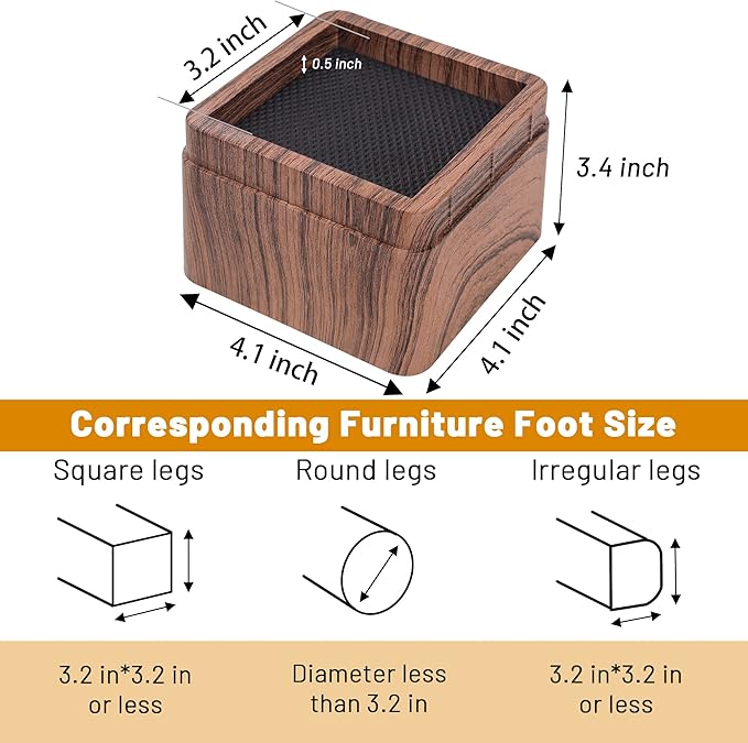 BTSD-home 3 Inch Wood Bed Risers Furniture Risers Bed Frame Lifters in Heights of 3 or 6 Inch Heavy Duty Set of 8 Square