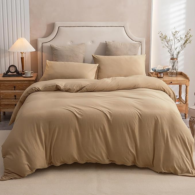 PURE ERA Jersey Knit Duvet Cover Set 100% T-Shirt Cotton Super Soft Comfy 2pc Bedding Set with Zipper Closure (Solid Toffee Brown, Twin)