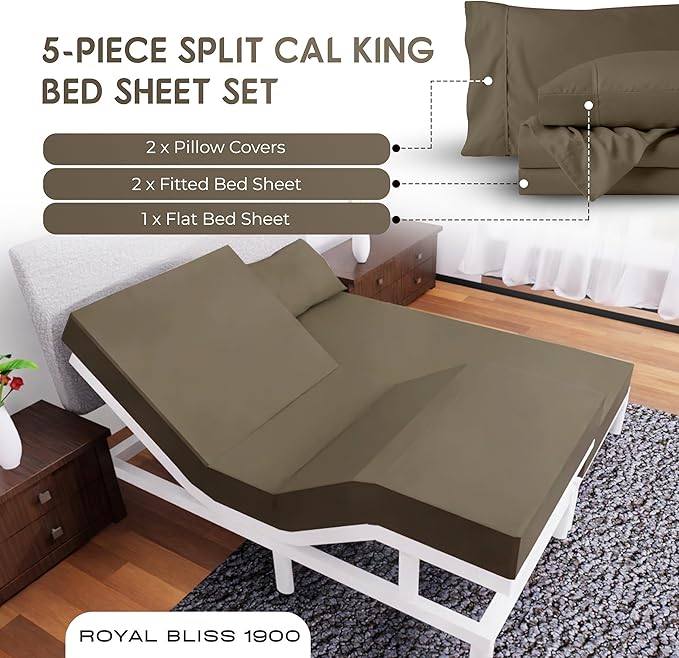 Split California King Sheets Sets - 5 Pcs Set- Split California King Sheets Sets - California King Split Sheet Sets for Adjustable Bed - Cal King Split Adjustable Bed Sheets (Taupe)