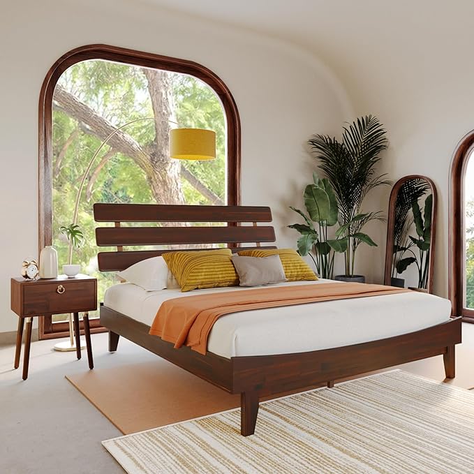 Bme Caden Queen Bed Frame and Adjustable Headboard, 15 Inch Mid Century Retro Style - Solid Acacia Wood - No Box Spring Needed - 12 Strong Wood Slat Support - Easy Assembly - Walnut