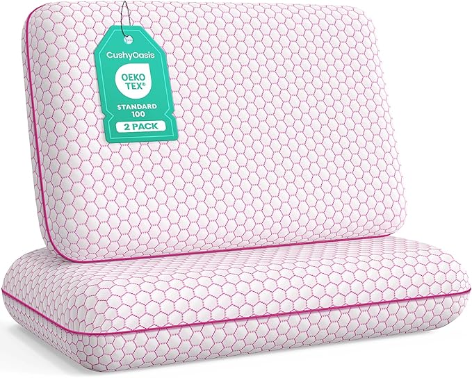 CushyOasis Memory Foam Pillows for Side, Back and Stomach Sleepers, Set of 2, Bed Pillow with Washable Cover and Breathable Mesh, Bed Pillow for Sleeping (Pink，Standard Size)