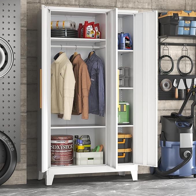 75.3" Tall Metal Wardrobe Closet - Large Clothing Storage Cabinet with 2 Doors, 5 Adjustable Shelves & 1 Hanging Rod - Closet Organizer for Bedroom, Office, Laundry Room, Garage - White
