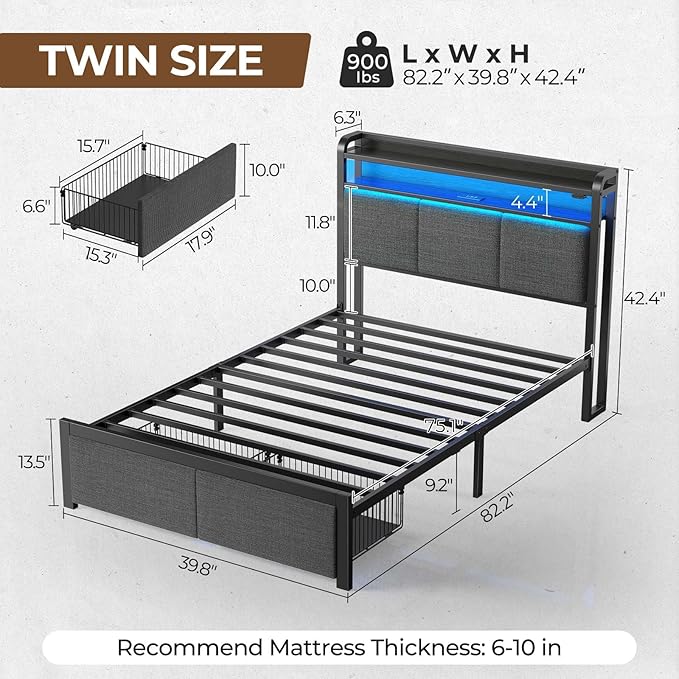 Rolanstar Bed Frame Twin Size with Charging Station and LED Lights, Upholstered Headboard with Storage Shelves, Heavy Duty Metal Slats, No Box Spring Need, Noise Free, Easy Assembly, Dark Grey