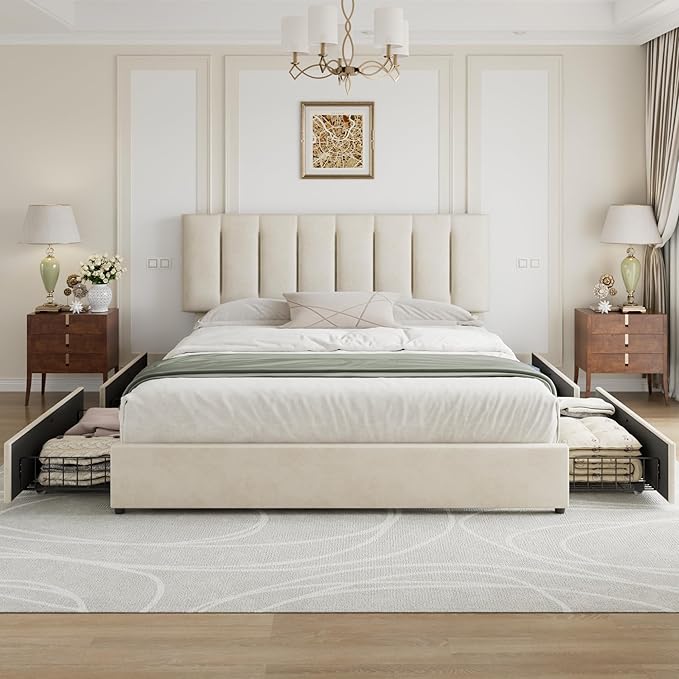 VECELO King Size Bed Frame with 4 Storage Drawers, Adjustable Height Headboard, Heavy-Duty Bedframe with Strong Wooden Slats, No Box Spring Needed, Pale Beige
