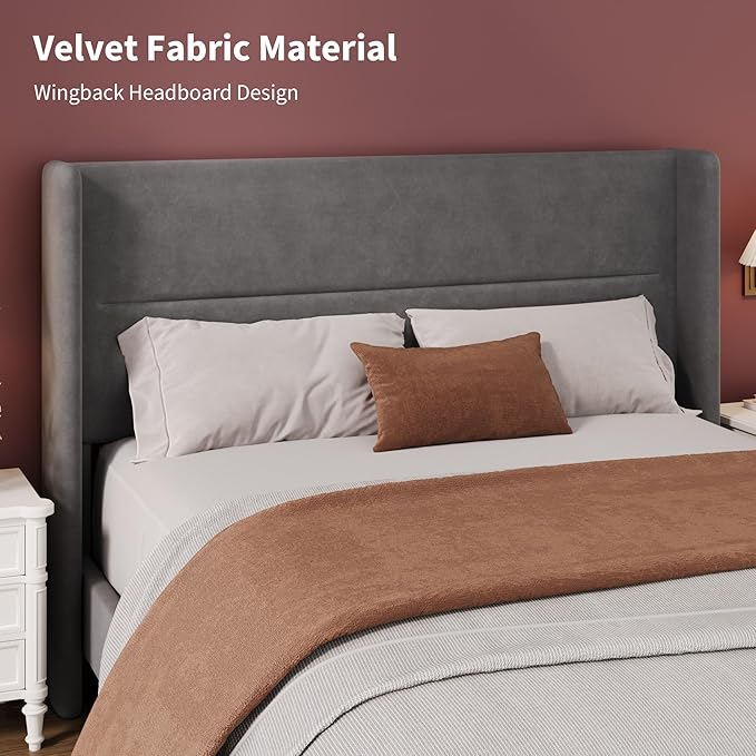 Garvee Full Size Bed Frame with Wingback Headboard, Velvet Upholstered Platform Bedframe with Wood Slats, No Box Spring Needed, Easy Assembly, Grey
