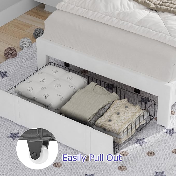 VECELO Twin Bed Frame with Storage Drawer, Heavy-Duty Platform Bedframe with Headboard & Strong Wooden Slats Support, No Boxing Spring Needed, Pure White