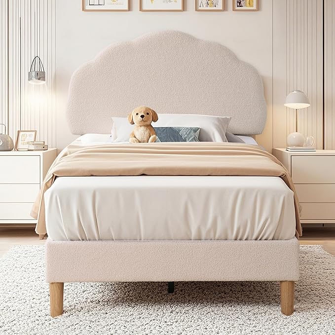 VECELO Twin Size Bed Frame, Upholstered Platform Bedframe with Height Adjustable Plush Fabric Headboard, No Box Spring Needed, Beige