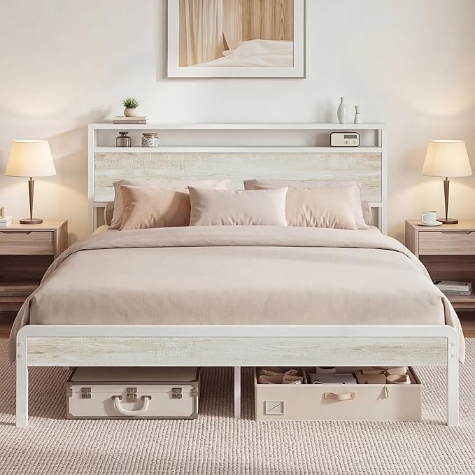 LIKIMIO Queen Bed Frame with Headboard, Wood Camas Queen with Strong Supports, Sturdy, Noise-Free, No Box Spring Needed, White Maple