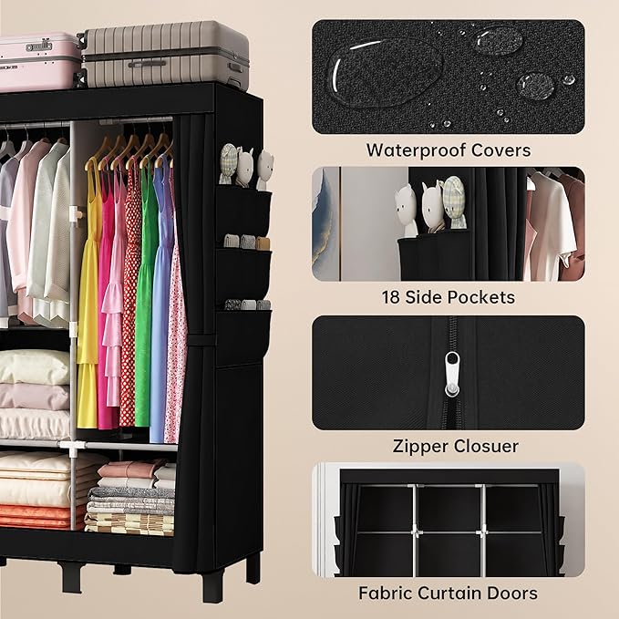 Portable Closet Wardrobe Closet for Hanging Clothes with 3 Hanging Rods for Bedroom, Non-Woven Fabric Clothes Closet for Living Room Easy Assemble (Black, 3 Columns, 51.2 inch Width)
