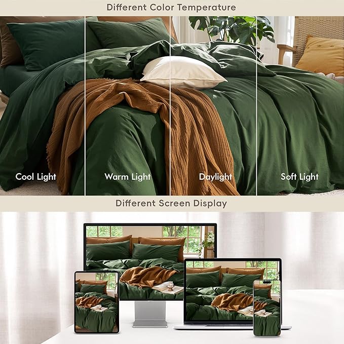 MooMee Bedding Duvet Cover Set 100% Washed Cotton Linen Like Textured Breathable Durable Soft Comfy (Solid Forest Green, Oversized King Plus 128"x120")