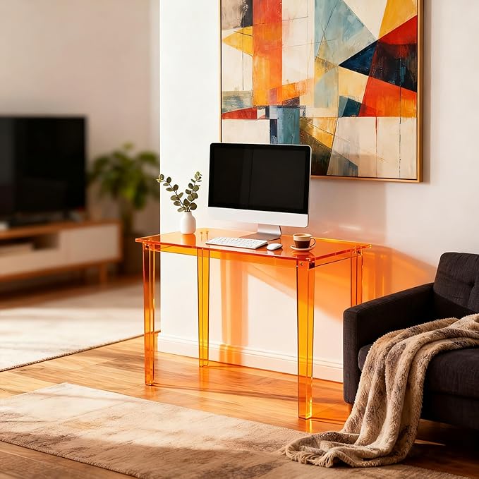 Acrylic Desk, Clear Modern Writing Table for Home Office (Orange, Nomal)