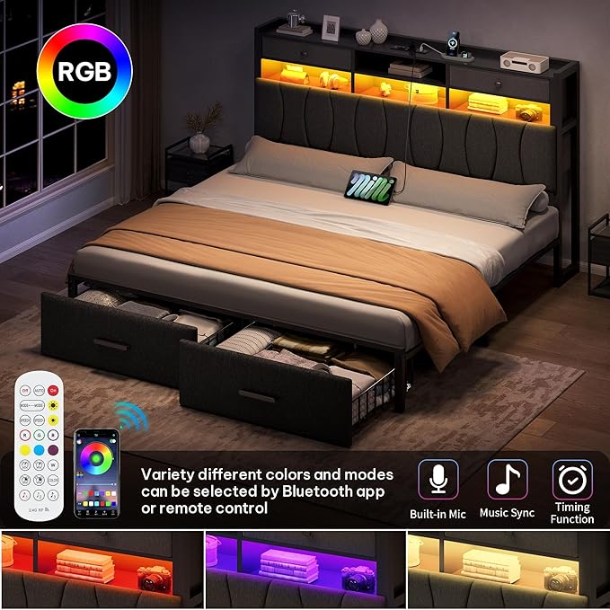 DWVO King Size with 2 Storage Drawers and Charging Station, Linen Upholstered Platform Bed with Storage Headboard and LED Light, Heavy Duty Metal Support, No Box Spring Needed, Noise Free, Grey