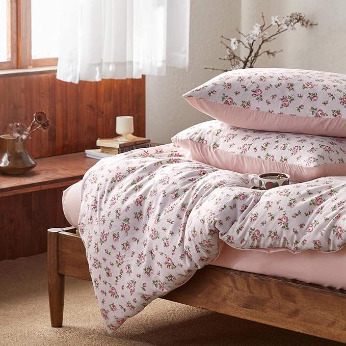 Wake In Cloud - Coquette Duvet Cover Set, Floral Cottagecore Flower Shabby Chic Cute Aesthetic, Soft Lightweight Bedding for Women Teen Girls, 3-Piece, Pink, Full Size