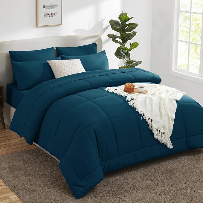 CozyLux Twin XL Comforter Set Lyons Blue, 5 Pieces Twin Extra Long Bed in a Bag for College Dorm, All Season Bedding Set with Stitch Quilted Comforter, Flat Sheet, Fitted Sheet, Pillowcases