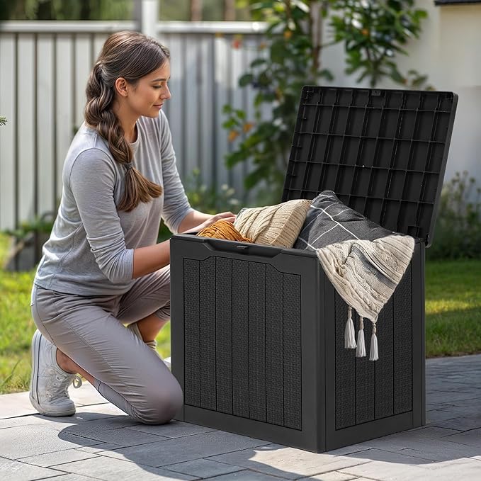 YITAHOME 30 Gallon Outdoor Storage Box, Small Water Resistant Resin Deck Box, Indoor Outdoor Lockable Rattan Storage Container for Patio, Garden, Cushions, Tools, Equipment (Black)